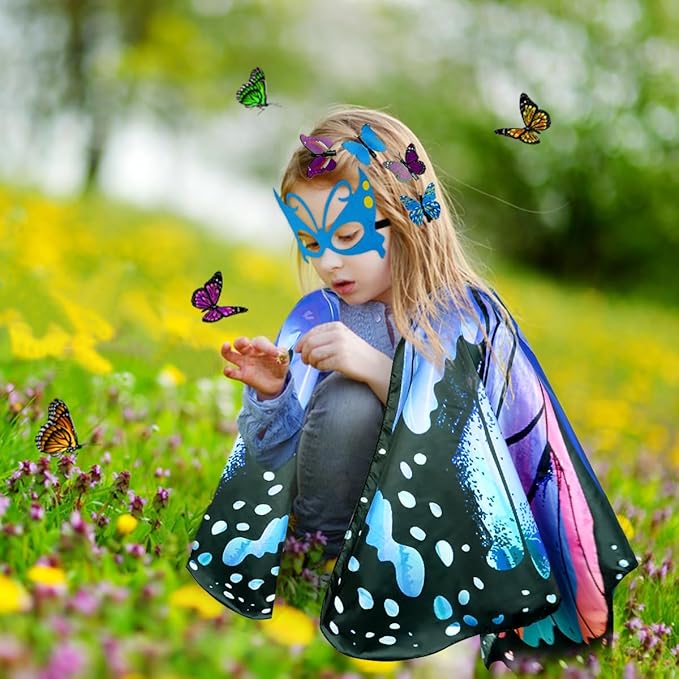 Kids Butterfly Wings Costume for Girls Fairy-Wings Mask Party Favors Gifts (Blue Red sets)