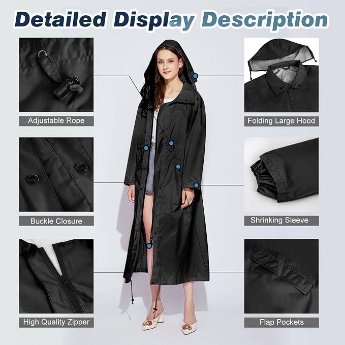 LAMA Womens Long Raincoats Rain Jacket Waterproof Packable Hooded Windbreaker Lightweight Adjustable Waist for Outdoor