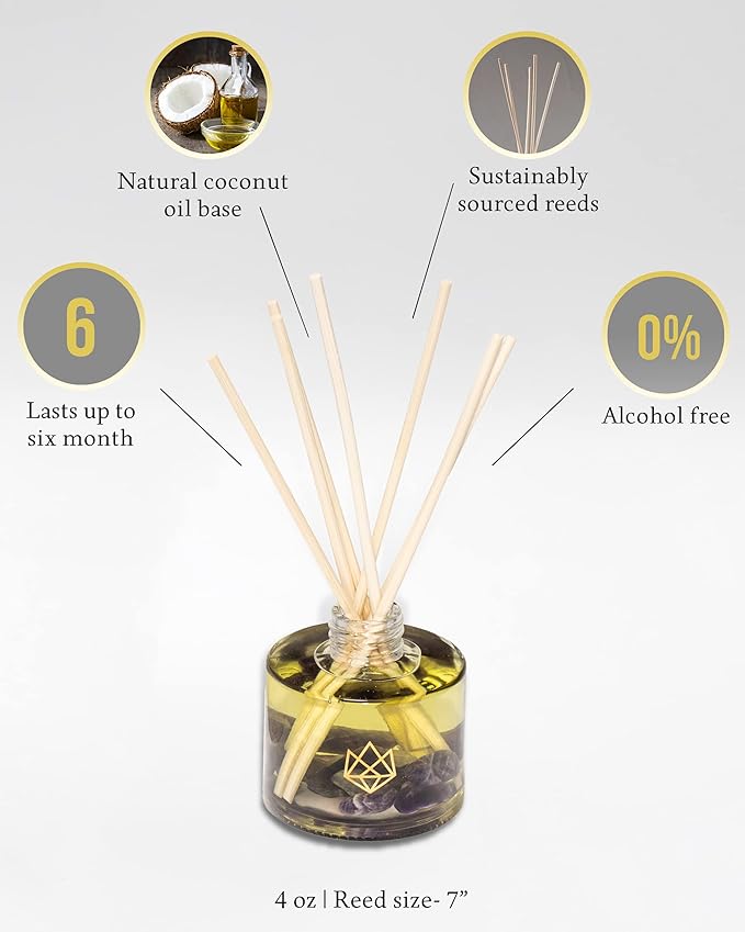 Crystal Infused Reed Diffuser, 4 OZ, Release - Amethyst Crystal Infused - Scents of Lavender, Bergamot, & Frankincense - Home Decor, House Warming, Room, Stick Perfume, Coffee Table