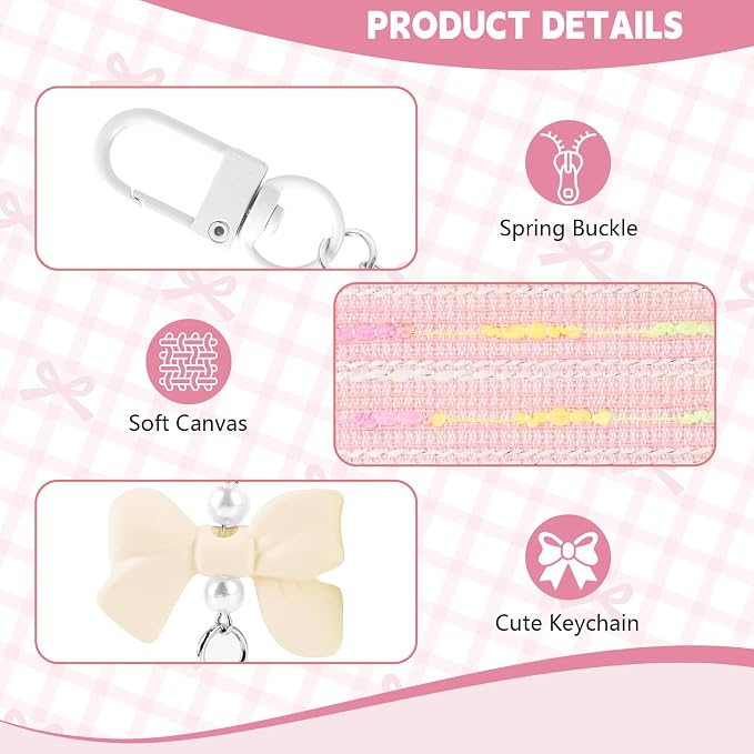 Mini Makeup Bag, Small Bow Tie Cosmetic Bag for Purse with Keychain, Portable XS Travel Makeup Pouch for Daily Use (Colorful Lines-Pink)