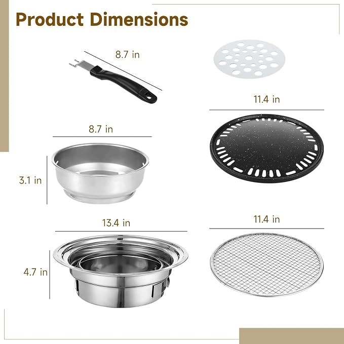 Korean BBQ Charcoal Grill Set, Stainless Steel Tabletop Grill with Maifan-Stone Pan, Mesh Rack, Charcoal Bowl, 13.4 in Portable Grill for Outdoor Cooking, Indoor Korean BBQ, Camping, Patio Grilling