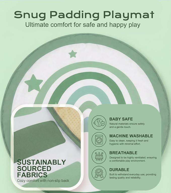 Little Dove Baby Play Gym Mat, Tummy Time Activity Mat with 7 Detachable Toys and 12 Milestone Cards for Stage-Based Sensory and Motor Skill Development, Washable Play Mats for Infant, Green