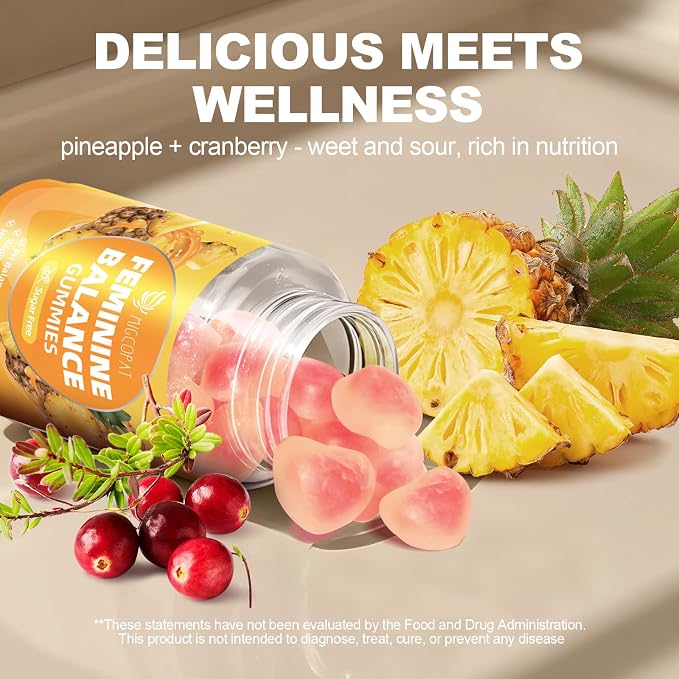 Migcopat Premium Feminine Balance Gummies – 2 Pack, Probiotic + Enzyme Blend for Digestive, Hormone & PH Balance, Pineapple Flavor, 120 Gummies