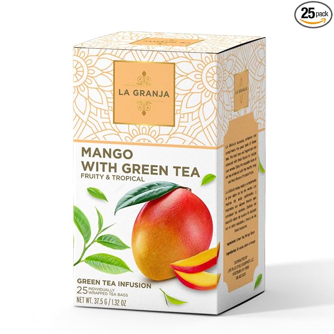 Life Plus Style Gourmet La Granja Mango Green Tea Tropical Mango Tea Fruity Flavor Naturally Caffeinated & Zero Sugar Refreshing Hot or Iced Individually Wrapped 25 Tea Bags