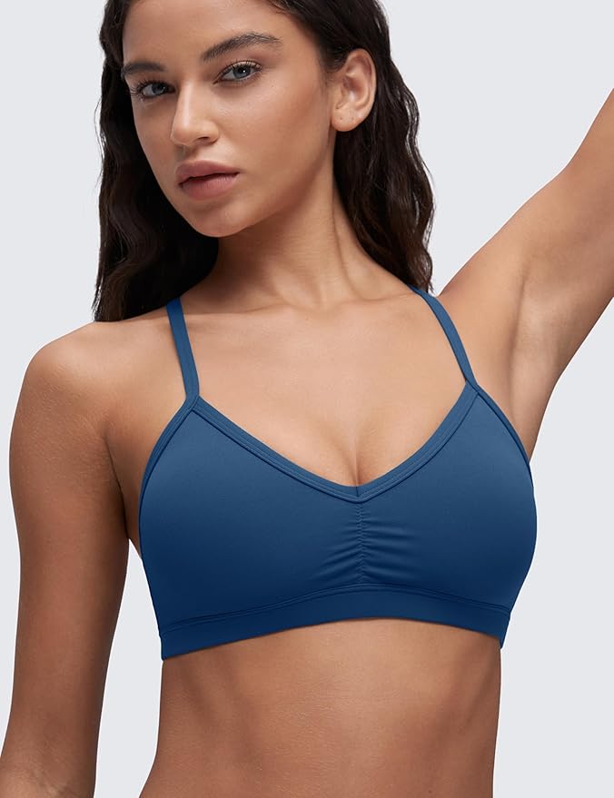 CRZ YOGA Butterluxe Ruched Sports Bras for Women - V Neck Spaghetti Thin Strap Y Back Wireless Padded Yoga Crop Top