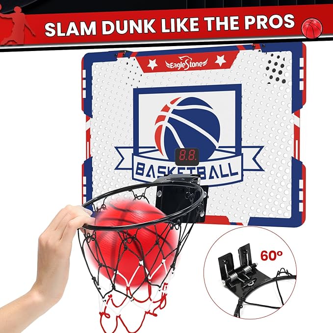 EagleStone Mini Indoor Basketball Hoop with Scoreboard,4 Balls & Pump,Over The Door Bedroom Office Basketball Hoop for 6 7 8 9 10 11 12+ Year Old Kids Boys