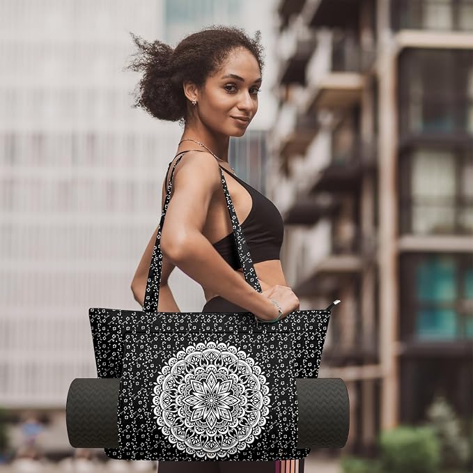 Yoga Bag for Women, Large Canvas Yoga Mat Tote Bag with Yoga Mat Carrier - Large Mat Pocket Fitness Tote for Pilates, Gym, Travel, Office & Beach