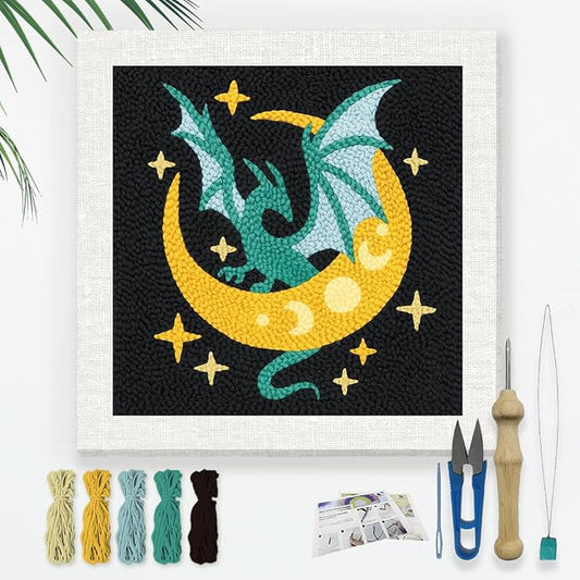 Doodlream Dragon Moon DIY Punch Needle Embroidery Kit for Adult Beginner, 9.4" Dragon Stars Punch Stitching Craft Set for Starter with Frame,Fabric Pattern,Threader, Yarn, Pinch Needle