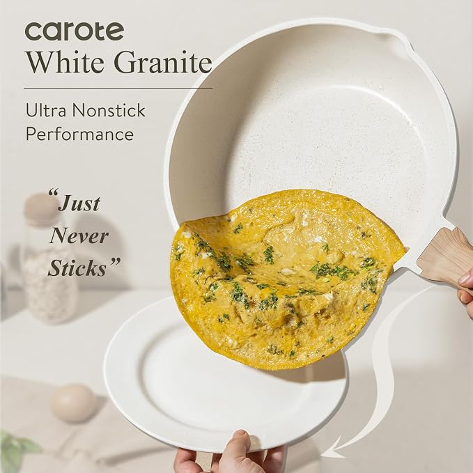 CAROTE 8 Inch Non Stick Frying Pan, Cream White Granite Skillet | Kitchen Healthy Non Toxic Stone Cookware, Induction Compatible, Dishwasher & Oven Safe, PFOA Free