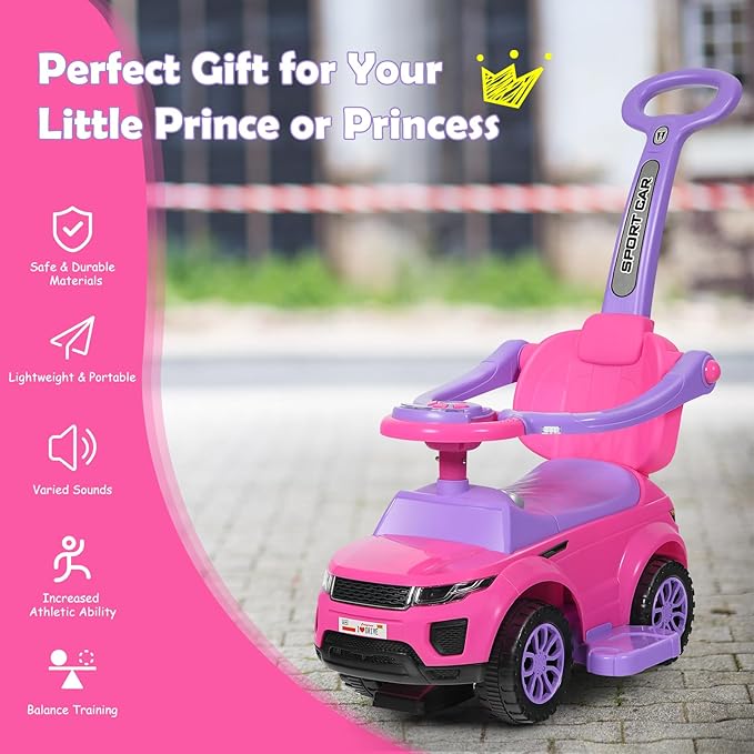 GLACER Push Cars for Toddlers 1-3, 3-in-1 Kids Sliding Car with Detachable Guardrail, Horn, Music, Lights, Storage Box and Anti-Roll Design, Ride on Push Car for Boys Girls (Pink)