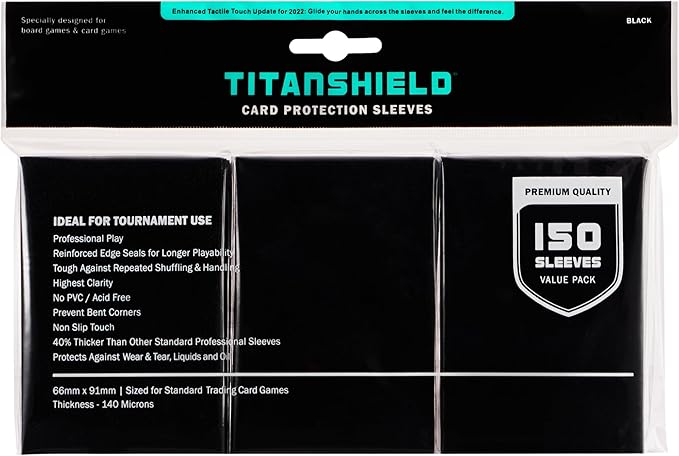 TitanShield Premium Card Sleeves | Compatible with Pokemon, One Piece, Lorcana, Flesh & Blood, & Magic The Gathering MTG | (150 Sleeves - Standard) (1, Black, Standard | 66x91mm)