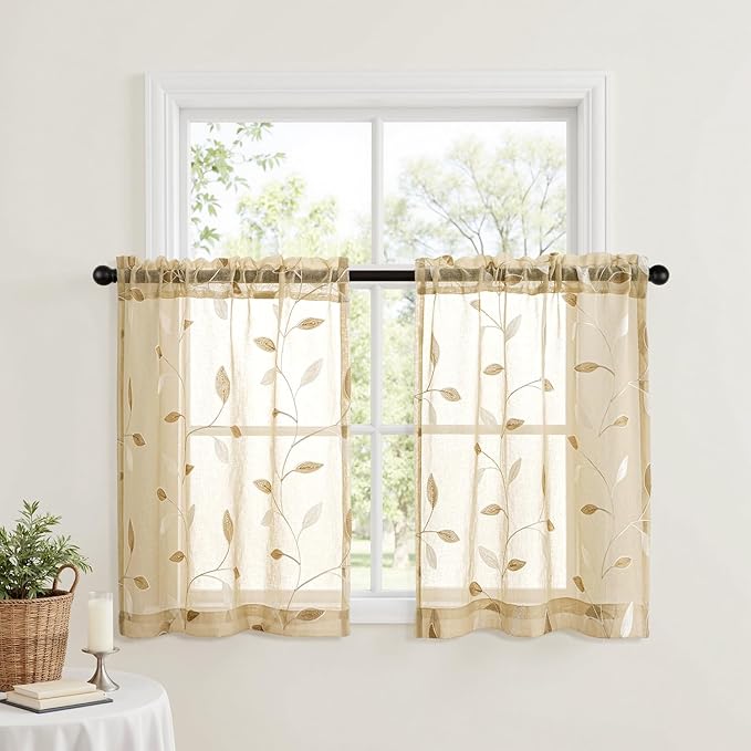 MIULEE Beige Sheer Curtains 2 Panels Embroidered Leaf Patterned Rod Pocket Floral Semi Sheer Faux Linen Short Window Curtains Drapes Set for Kitchen Bathroom Cafe, 30x30 Inches Length