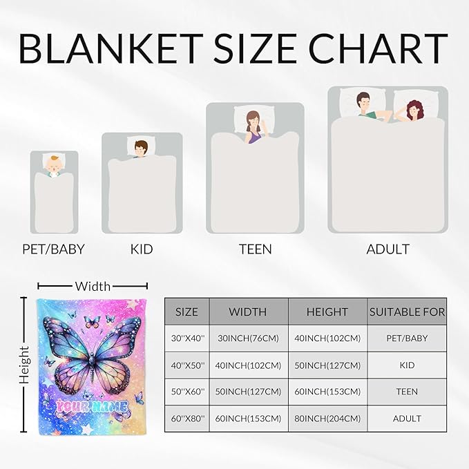 Personalized Butterfly Blanket for Girls - 30 x 40 Inches Soft Flannel Throw for Butterfly Lover - Kids Throw Blankets for Chair, Office