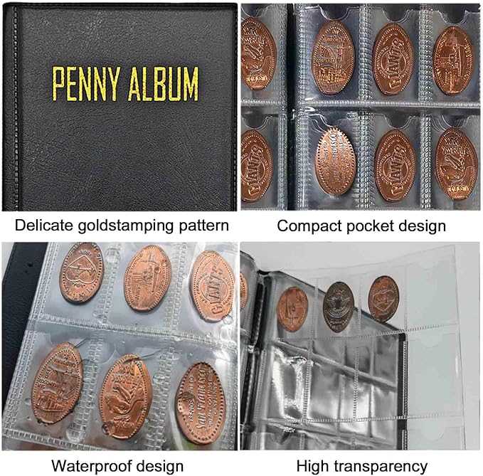 192-Pocket Penny Album, Compact Pressed Penny Collector Book, Durable Black Faux Leather Penny Holder for Travel Collection