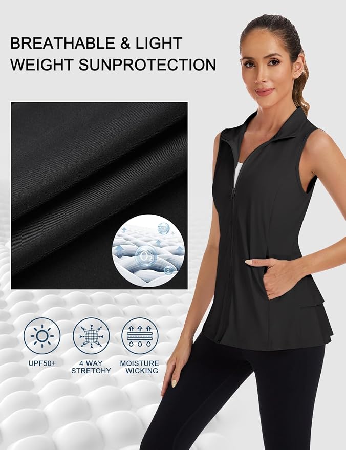 Women's Golf Vest with Pleated Tennis Skirt Hem Lightweight Full Zip Sleeveless Athletic Shirts with Pockets