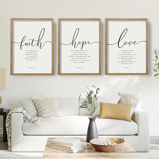 Houmury 3PCS Framed Faith Hope Love Bible Verses Wall Art Farmhouse Religious Quotes Wall Decor Inspirational Wall Art (Brown, 16"x24")