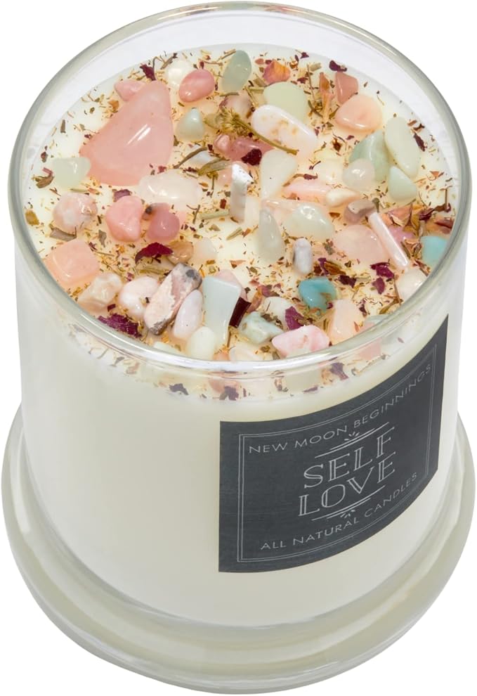 Self Love Candle by New Moon Beginnings - Negative Energy Cleansing - Handmade Aromatherapy Soy Candle - Dried Flower, Herb, & Crystal Candle - 12oz Glass Jar