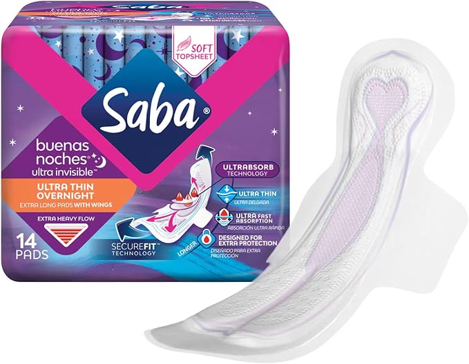 SABA Ultra Invisible Ultra Thin Night Pads with Wings, Overnight Heavy Absorbency, 4-Pack of 14 Pads (56 Count)