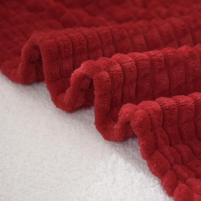 Puncuntex Fleece Throw Blanket Red 108"×90" with Square Grid Design | Super Soft Plush Cozy Flannel Throw Blanket Luxury for Couch Sofa Chair