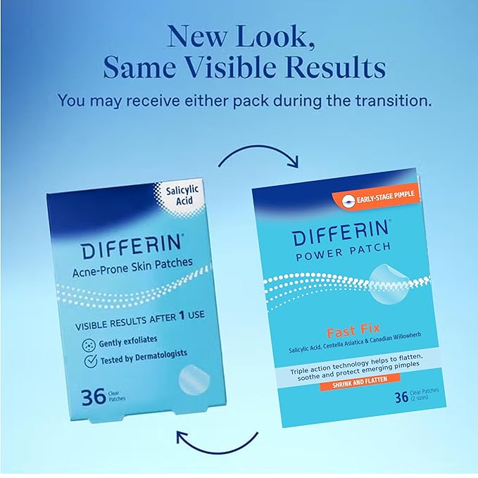Differin Acne Patches, Pimple Patches for Acne Prone Skin, Formulated with Salicylic Acid and Centella, Fast Triple Action Power Patch for Day & Night, Dermatologist Tested, 36 Count