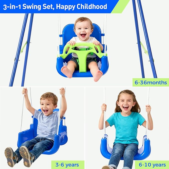 FUNLIO Toddler Swing with Foldable Metal Stand for Toddlers Aged 1~10 Years, 3-in-1 Baby Swing Set with 4 Sandbags for Backyard/Indoor/Outdoor Play, Easy to Assemble & Store - Bluegreen