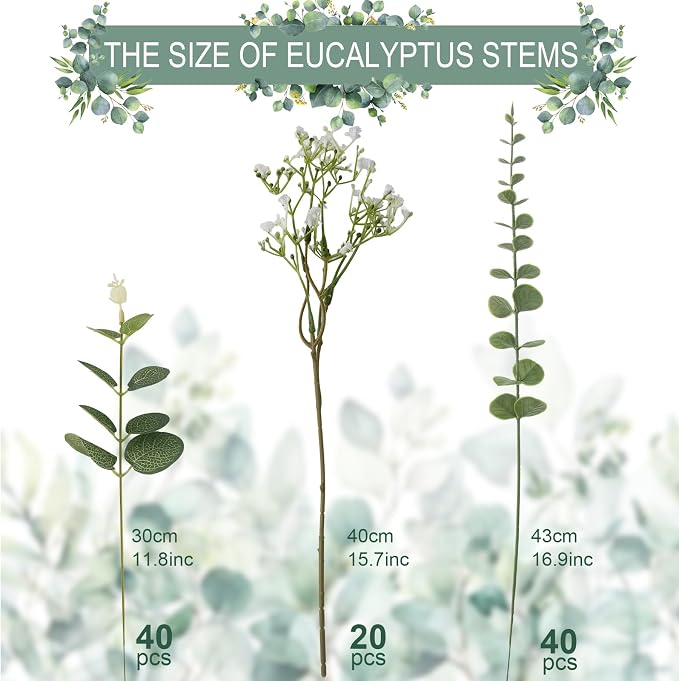 lovemoon 100 Pcs Mixed Greenery Artificial Eucalyptus Stems, Baby Breath Artificial Flowers Bulk and Eucalyptus Leaves for Wedding Bouquets Home Office Floral Decor (100, Green and White)