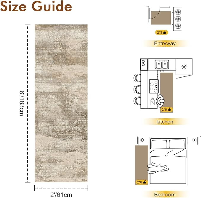 2x6 Ft Washable Runner Rug, Non-Slip Low Pile Hallway Kitchen Area Rug, Soft Abstract Long Entryway Floor Mat Print Pattern Carpet for Bedside & High-Traffic Areas (Pink-Brown/Light tan)