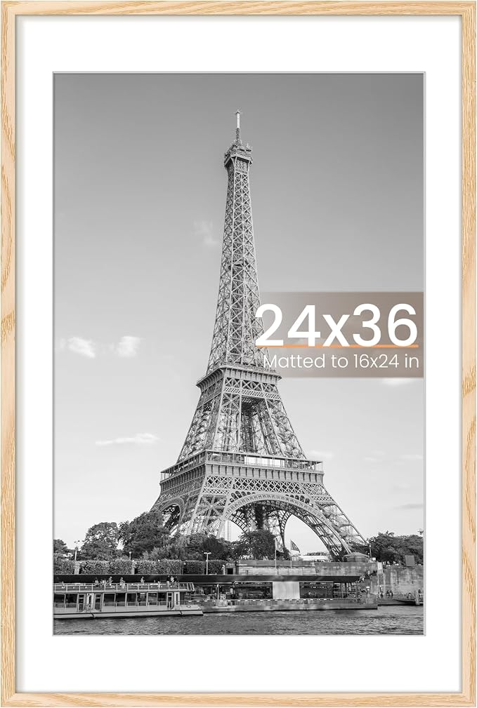 upsimples 24x36 Poster Frame, Display Pictures 20x30 with Mat or 24x36 Without Mat, Wall Hanging Picture Frame, Natural Style, 1 Pack