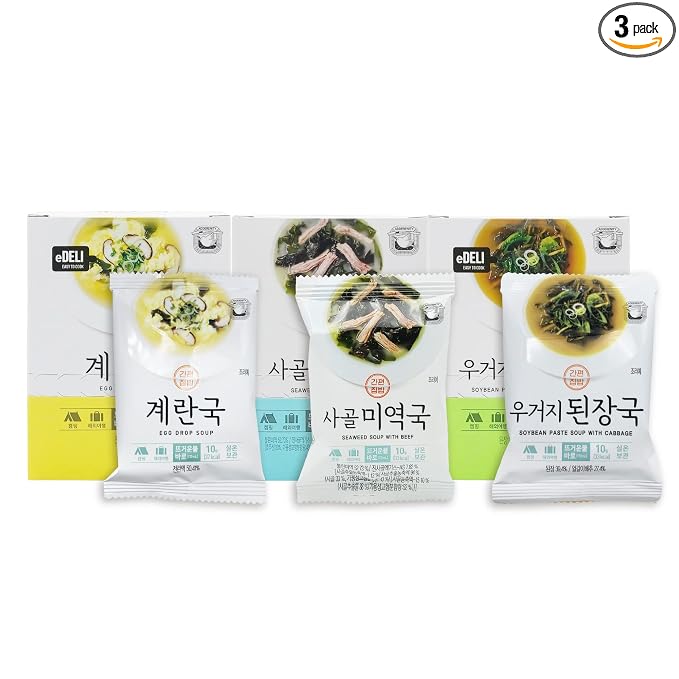 [PACK OF 3]Korean Traditional Soup Easy Cooking Tasty Soup Freeze Drying Block-Type Individual Packaging 국 (Seaweed,Soybean Paste, Egg) 소고기미역국, 우거지된장국, 계란국
