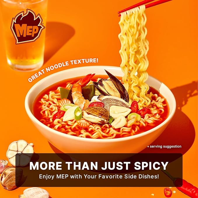 MEP Garlic Clam Bone Broth Korean Spicy Ramen Noodle Soup, 3.88 oz 4-Pack | ENHYPEN Pick; Refreshing garlic-clam seafood bone broth; Chewy qq-texture noodles; Stovetop easy-cook family pack