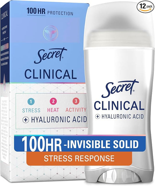 Secret Clinical Strength Antiperspirant Deodorant for Women, 100hr Sweat & Odor Protection, Stress Response, 3X Stress Protection with Hyaluronic Acid, PH Balancing Minerals, Invisible Solid, 2.6 oz