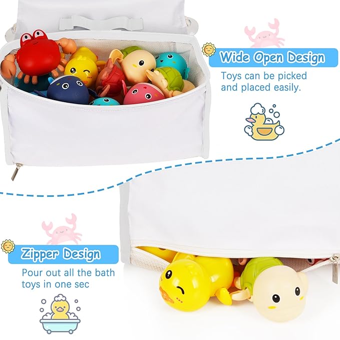 Saddle Shape Bath Toy Organizer, 2 Compartments Wide Opening Mesh Bath Tub Toy Storage for Easy Access to Toys, Side Pockets & Bottom Zipper Design, Quick Drying Toy Holder for Tub (White)