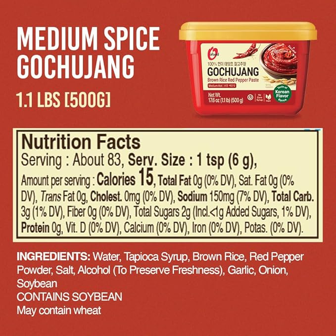 Gochujang – Premium Korean Red Chili Paste [ Medium | 1.1 lb (500g) ] – 0 Fat/ 0 Cholesterol / (40 Calories/Serving) | Spicy & Sweet Savory Fermented Sauce | Great for Bibimbap, Marinades, Stews & BBQ - O’food