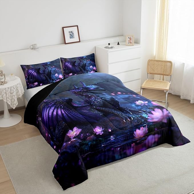 Feelyou Dragon Comforter Set King Size Dragon Stuff Comforter for Boys Girls Teens Wild Life Bedding Set Flower Duvet Set Room Decor Black Purple Quilt Set