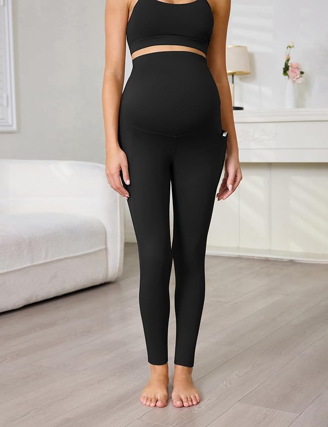 Buttergene 1 Pack Women's Maternity Leggings with Pockets Over The Belly Pregnancy Active Wear Workout Yoga Tights Pants
