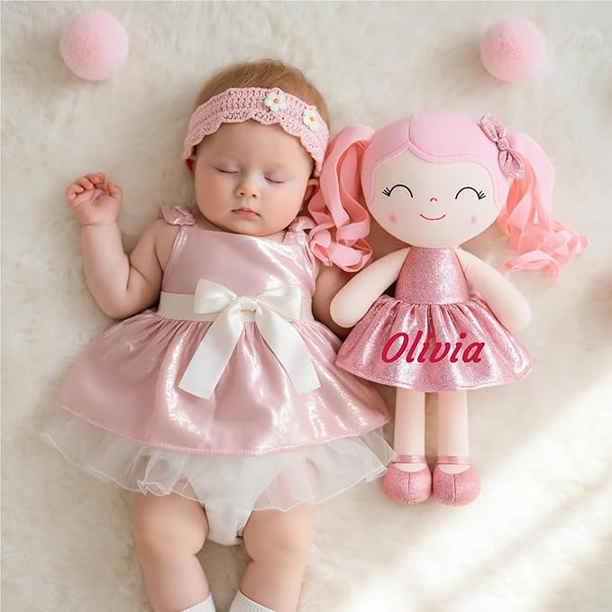 Gloveleya Personalized Baby Doll – 12” Soft Rag Doll with Custom Name Printing, Curly Hair Pink Dress, Keepsake Plush Toy, Perfect Birthday, Christmas for Girls
