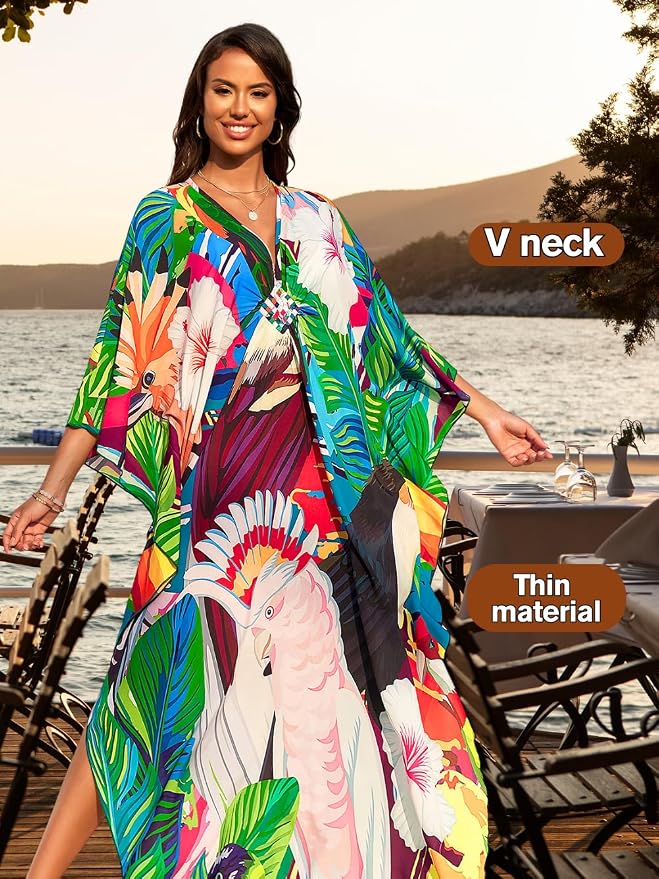 ChiaoLezhee Print Moo-Moos for Women, Kaftan Cover-Up Dresses, Sexy V-Neck High-Slit, Beach Pool-Party Coverups Muumuu Plus
