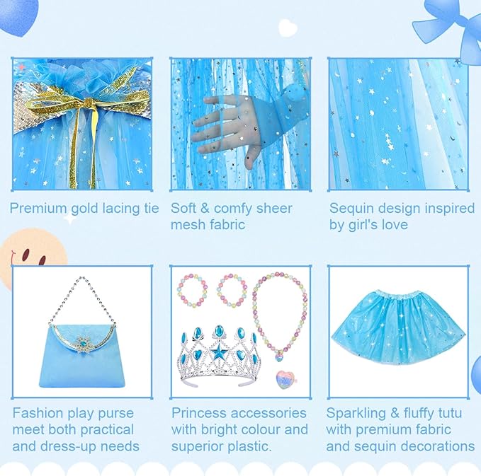 Meland Princess Dress up Clothes for Girl, 11Pcs Princess Cape with Kid Crown Toys,Dresses for Girl 3,4,5,6,7,8 Birthday Gift