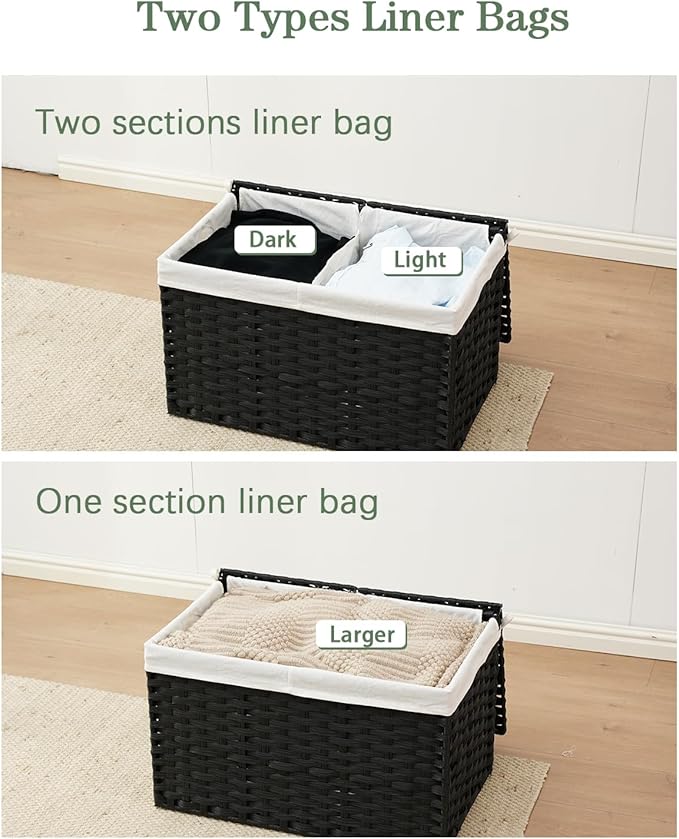 SETVSON Storage Basket with Lid Wicker Baskets for Storage, 160L Black | 42.3 Gallon Dual Lid Jumbo Blanket Storage Trunk, Divided Clothes Organizer, 2 Washable Liner Bags, Collapsible PE Rattan Bin