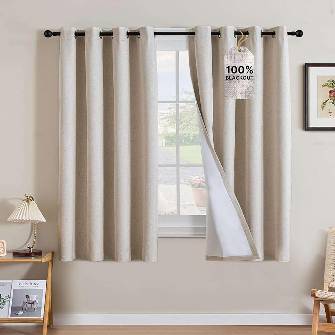 H.VERSAILTEX Linen Curtains 100% Blackout Curtains for Bedroom 63 inch Long Full Light Blocking Nature Linen Blended Window Curtains for Living Room Nickel Grommet (2 Panels, Heathered Natural)
