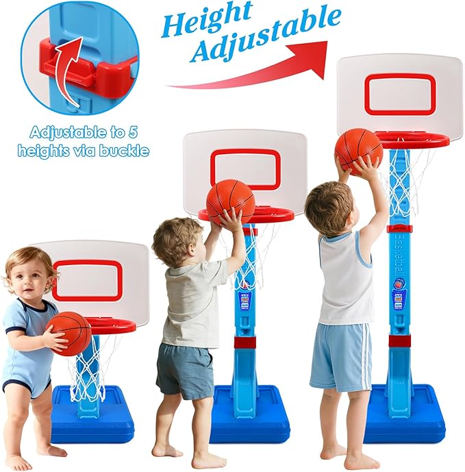 Toddler Basketball Hoop Indoor Outdoor - Height Adjustable 27.6-54 Inches (5 Slots), Kids Basketball Hoop with 4 Inflatable Balls & Pump, Safe Toddler Toys for 1-6 Year Old Boys Girls