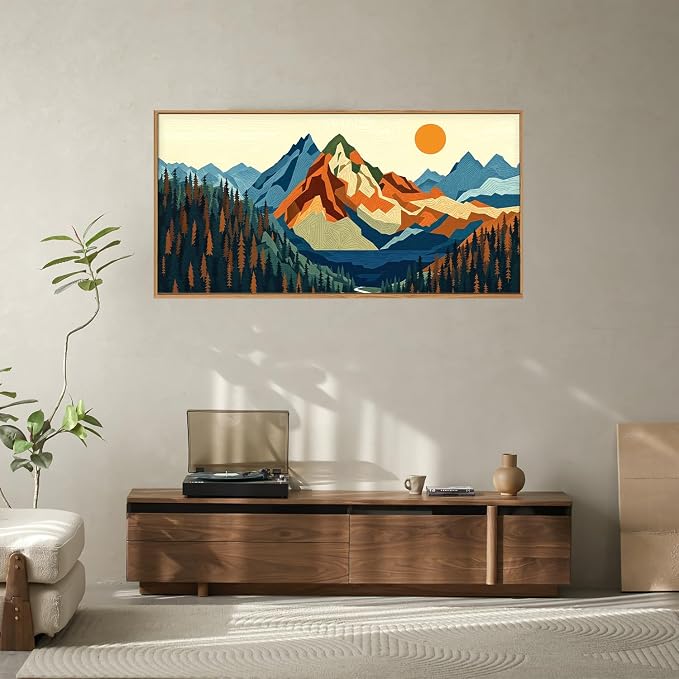 FWIEXA Vintage Mountain Framed Canvas Wall Art Set, Boho Sunrise Wall Prints, Abstract Nature Forest Artwork, Retro Lake Sunset Painting, 20x40 Inches Modern Rustic Decor for Living Room, Bedroom, Office
