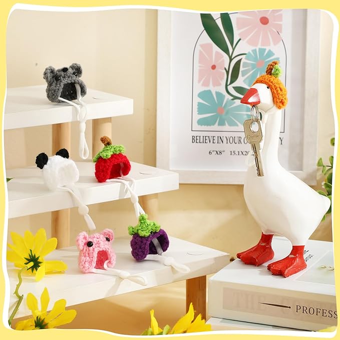 Geyoga 6 Pcs Mini Knitted Hats 7 Inch Goose Outfits Hat with Adjustable Strap Mini Porch Goose Headwear for Statue Key Holder