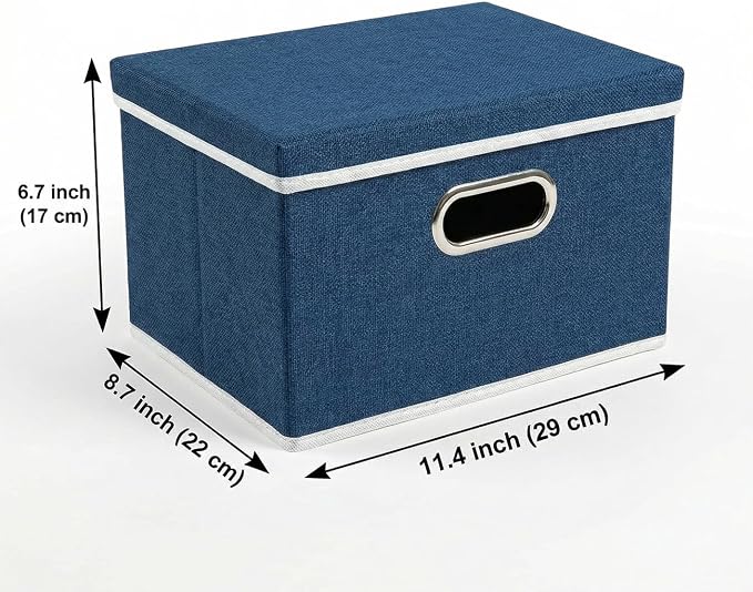 Storage Bins with Lids [3-Pack] Linen Fabric Foldable Storage Boxes Organizer Containers Baskets Cube with Cover for Bedroom Closet Office Royal Blue（11.4X8.6X6.7