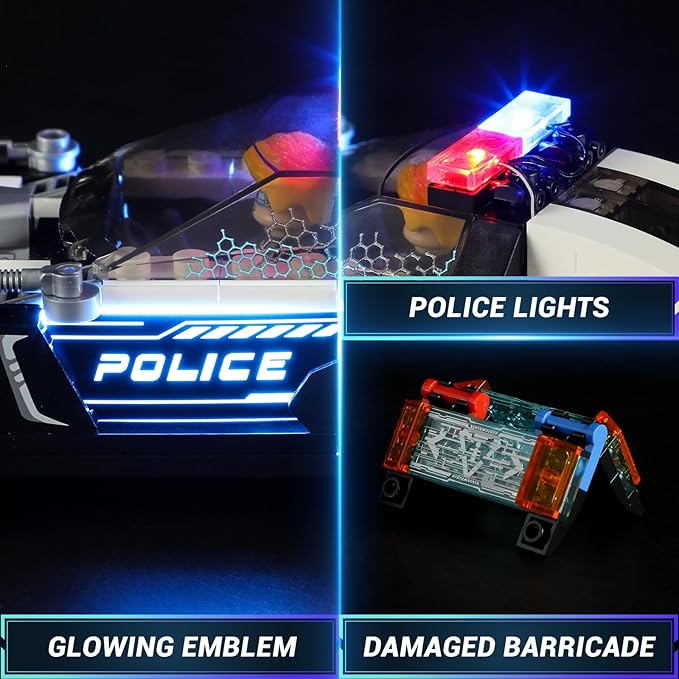 FUNWHOLE Police Patrol Car Lighting Building-Bricks Set - Cyberpunk City Car Chase Playkit with Officer 372 Pcs STEM Toys