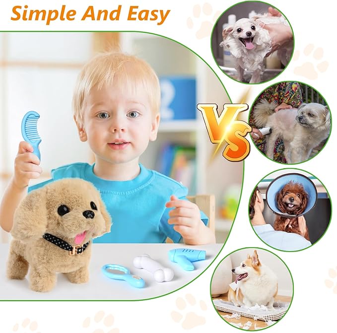 Electronic Interactive Plush Puppy - Battery Operated Mechanical Walking Little Pet Dog with a Cute Bag, Barking, Tail Wagging, Stretching Companion Animal for Toddlers & Kids (Yellow)