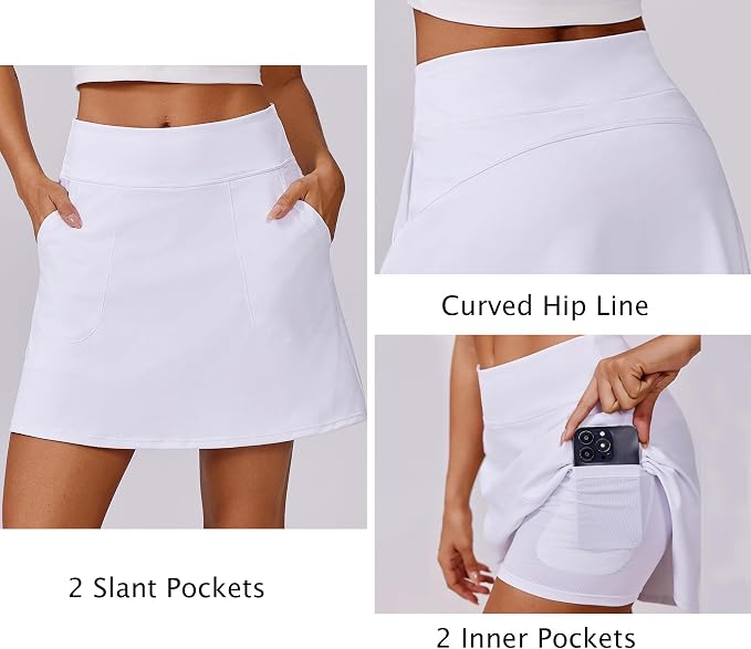 PINSPARK 17" Golf Skorts for Woman High Waisted Tennis Skirt with 4 Pockets | Lightweight, Quick Dry, 4-Way Strecth, Breathable, Tummy Control, UPF 50+ Athletic Skort for Workout, Pickleball, Gym, Casual