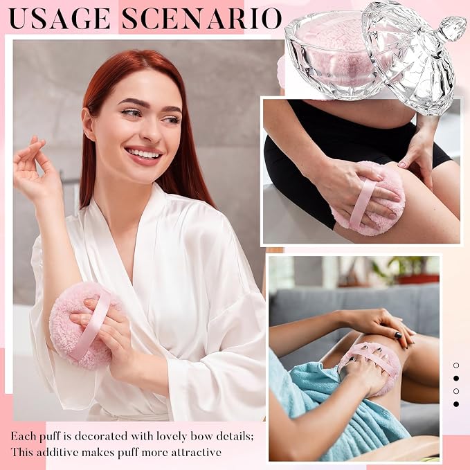 Tioncy 2 Pcs Extra Large Dusting Powder Puff and Container for Women-6'' Glass Crystal Dusting Powder Container with Body Soft Washable Reusable Velour Face(Clear,Diamond)