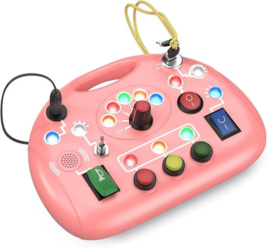 Toddler Busy Board with Led Light Switch, Travel Sensory Board Montessori Toddlers Toys 1-2 Year Old, Baby Educational Activities Travel Essential Toys Ideal Christmas & Birthday Gift (Pink)