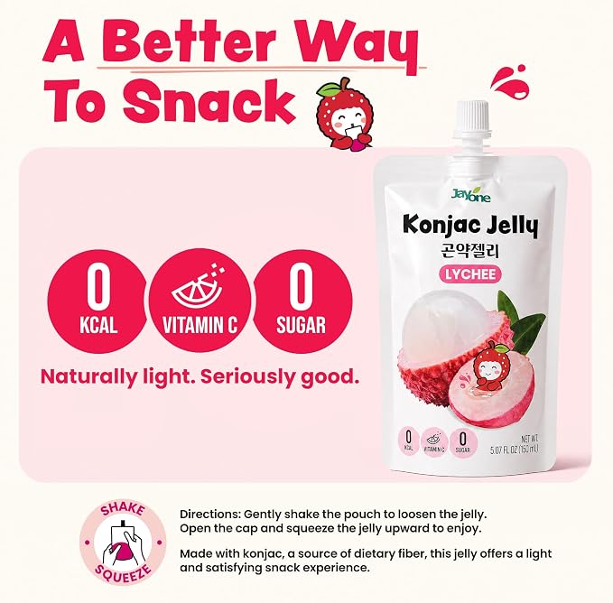 Jayone Drinkable Konjac Jelly Pouch - Lychee Flavor, 10 Pack, 5.07 fl oz Each - Zero Sugar, 0 Calories, 17% Vitamin C, Halal, Made in Korea